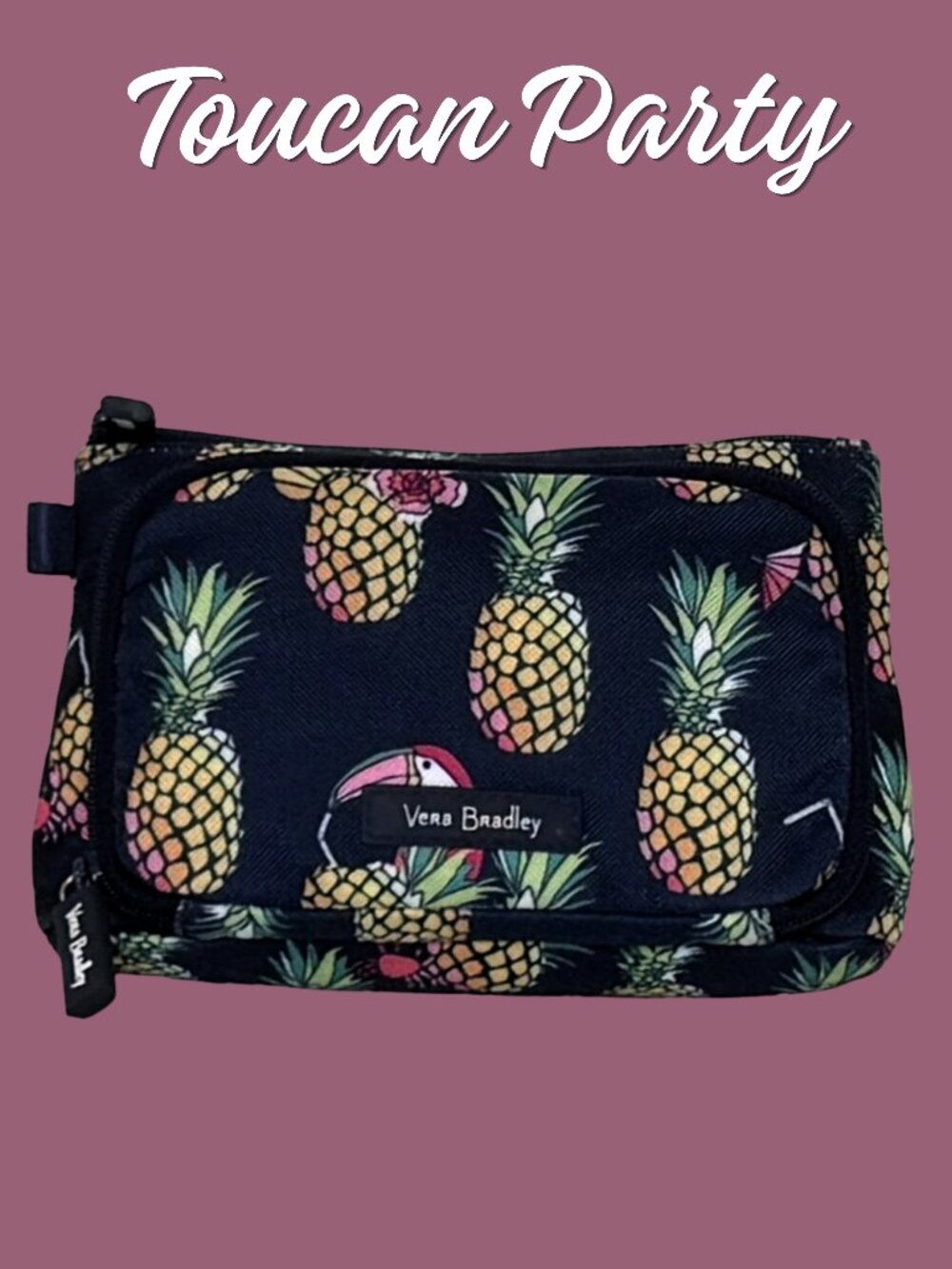 Vera Bradley Toucan Party 2 Pocket Cosmetic Pouch Retired Tropical Floral